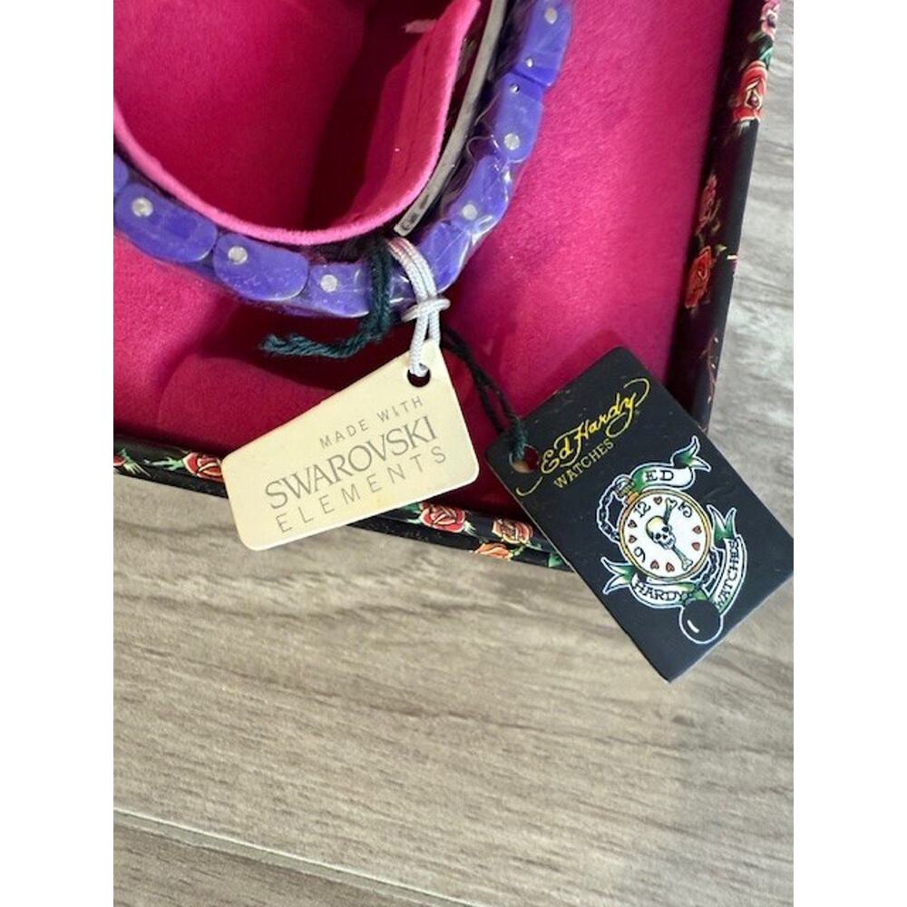 NEW Ed Hardy Women’s Swarovski Elements Crystals Floral Purple Band Watch - Picture 5 of 7